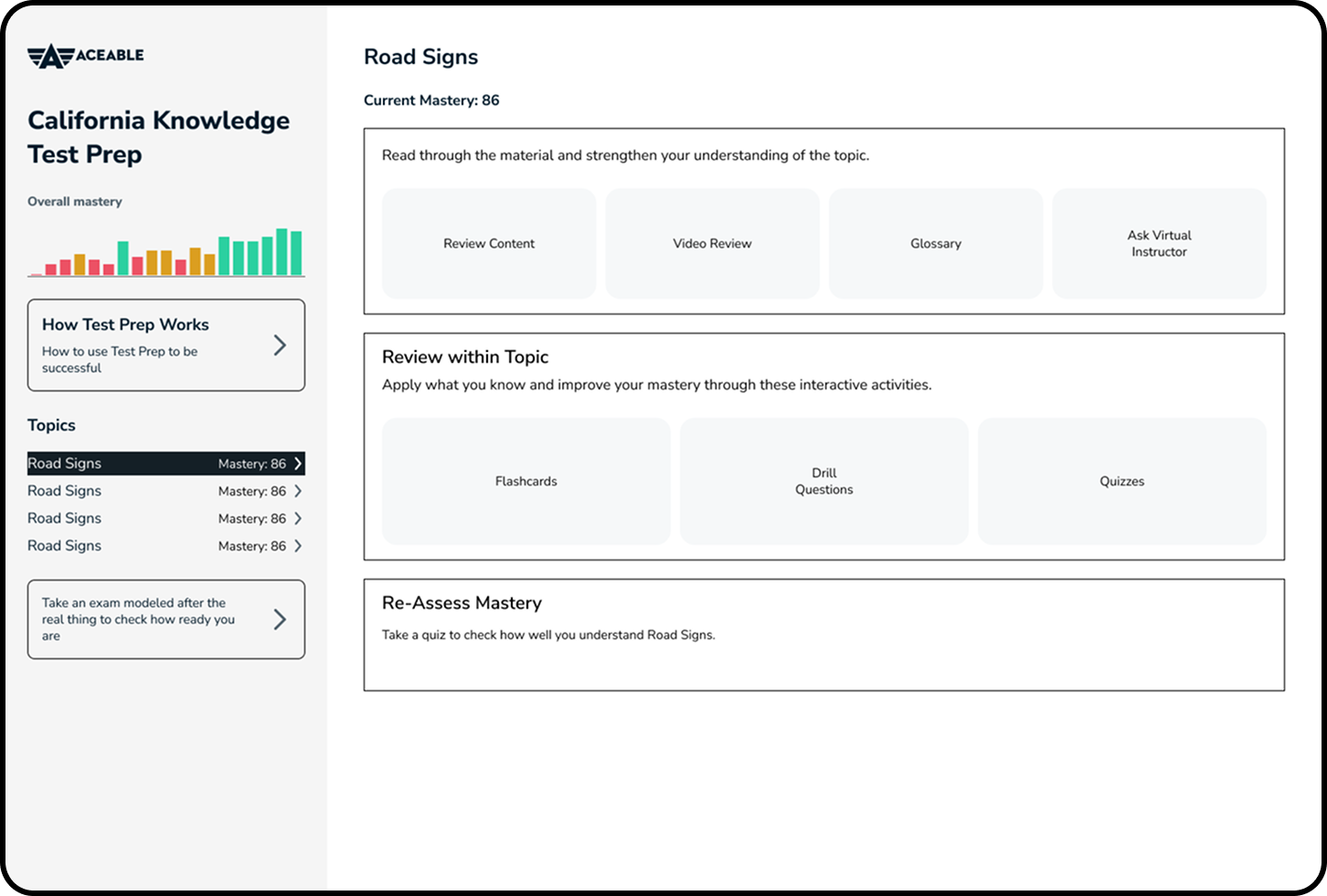 Wireframe of an early version of the Test Prep dashboard